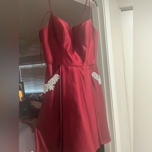 red satin party dress